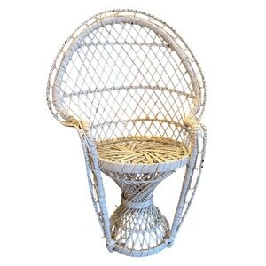 Vintage Miniature Rattan White Peacock Chair for Dolls or Plant 12 1/2” High
